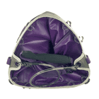 Genius Tool Bucket 2, inside of the bag, purple lining with white border and metal rings, black handle and metal bracket