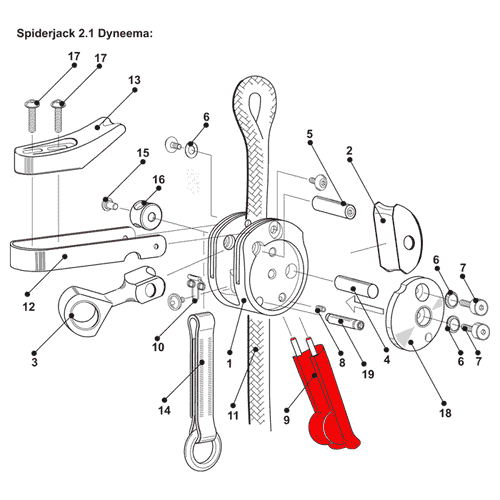 Technical drawing of the SpiderJack 2.1 release handle with numbered parts, one part is highlighted in red