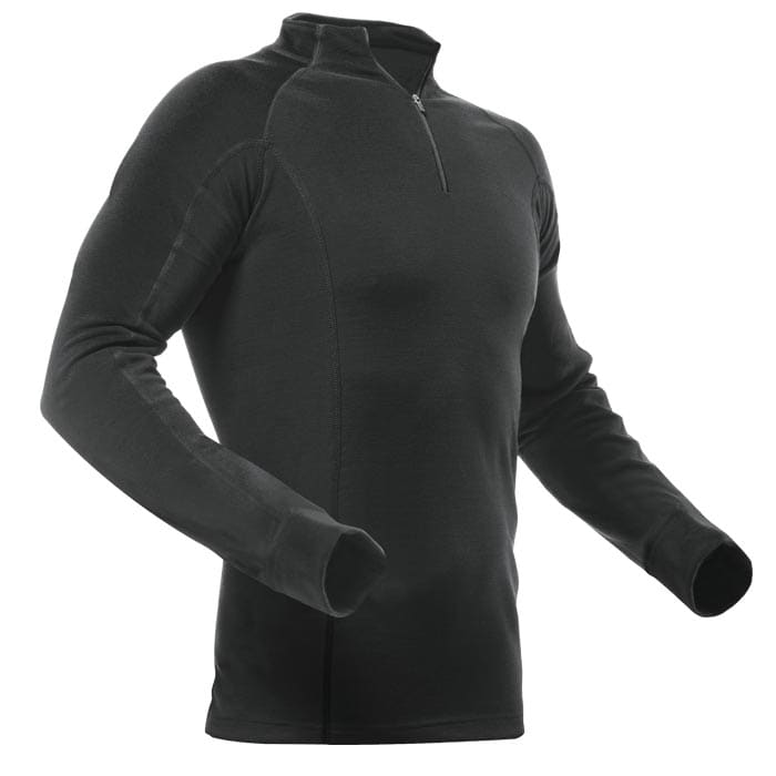 Merino Modal Shirt Long Sleeve in Black with Half Zipper and Tone-on-Tone Seams