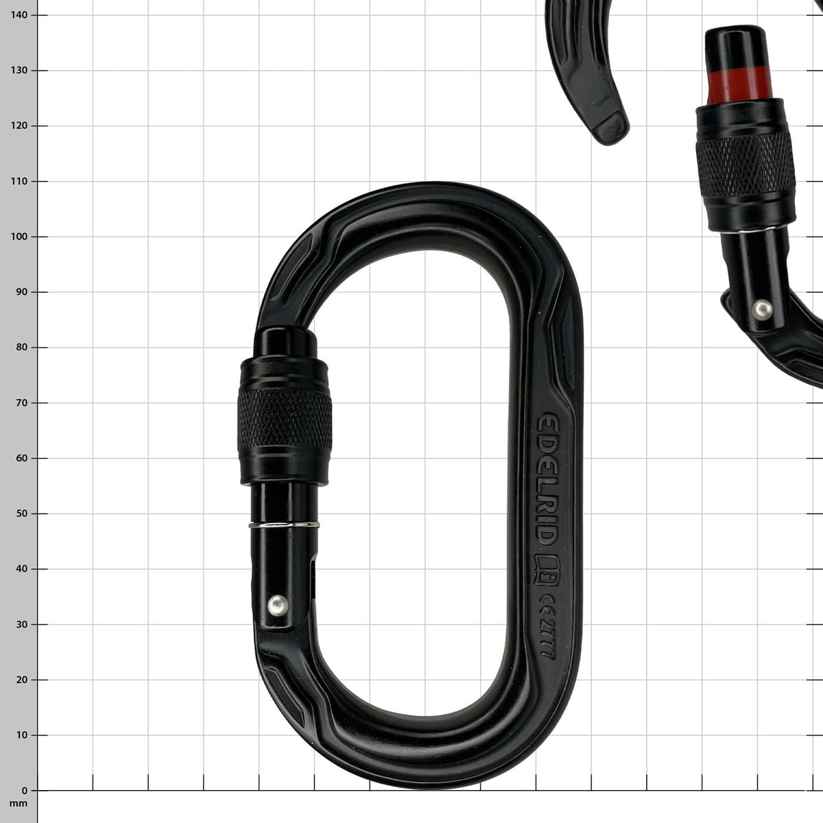 Oval Power 2500 Screw by Edelrid, black oval carabiner with screw cap and fine knurling on the bolt