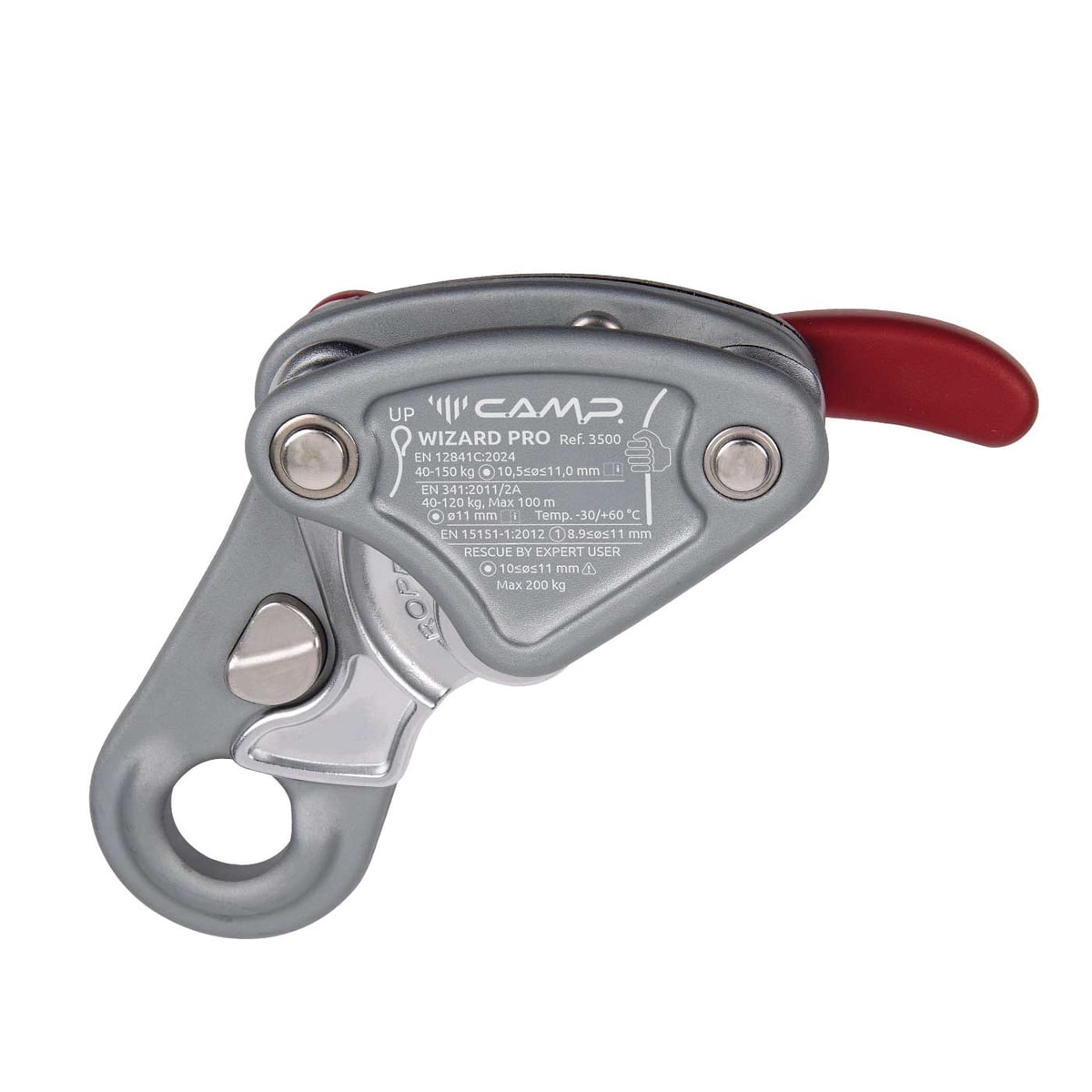 Wizard Pro climbing frame by CAMP with grey metal housing, red lever and technical specifications on the side