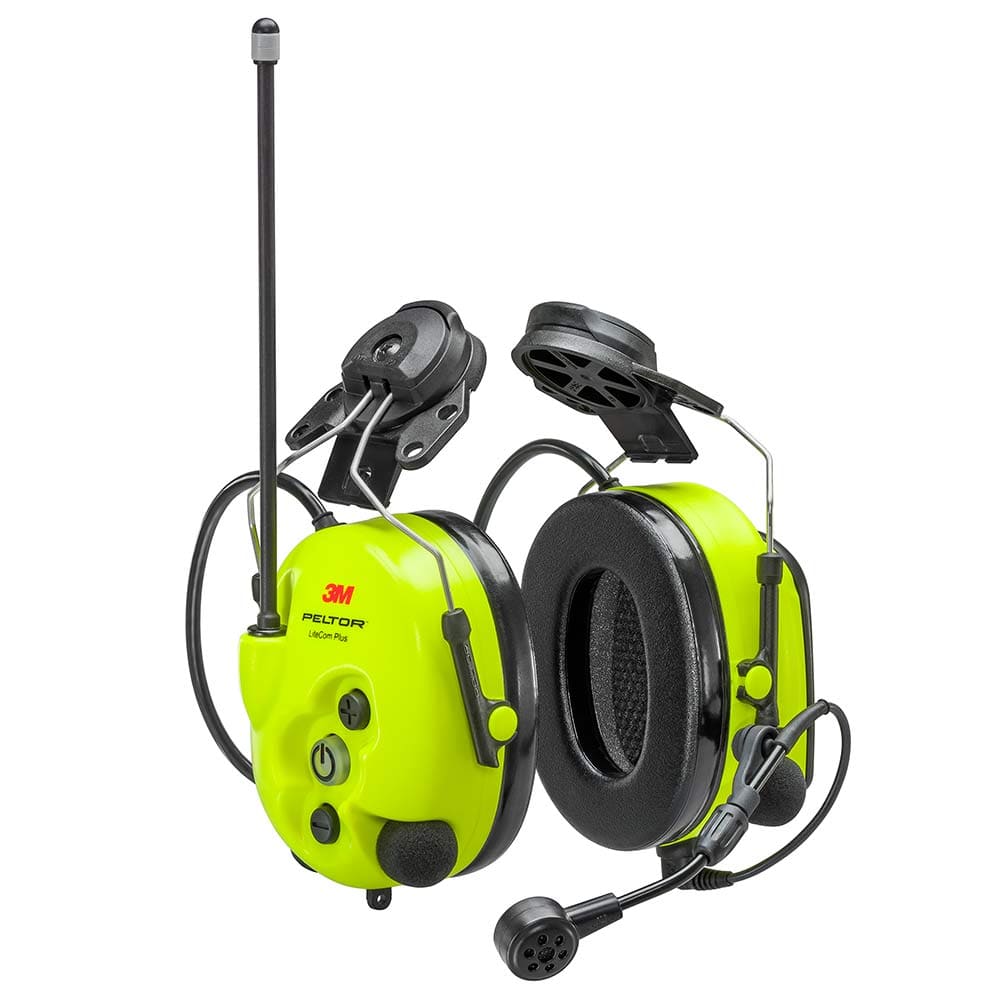 3M Peltor Lite Com Plus yellow hearing protection with microphone and antenna, photographed from the front