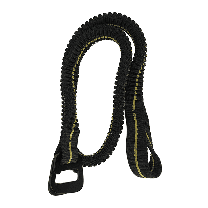 Knee Ascent Bungee, black elastic band with yellow stripes and black plastic closure