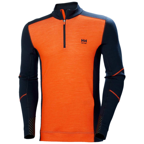 LIFA Merino Half Zip by Helly Hansen, long-sleeved top in orange with black sleeves and short zipper at the front