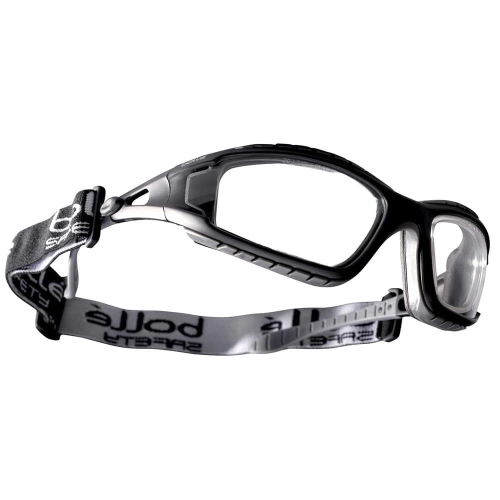 Tracker II by Bollé, black goggles with clear lens and adjustable black and white elastic band with bollé print, side view