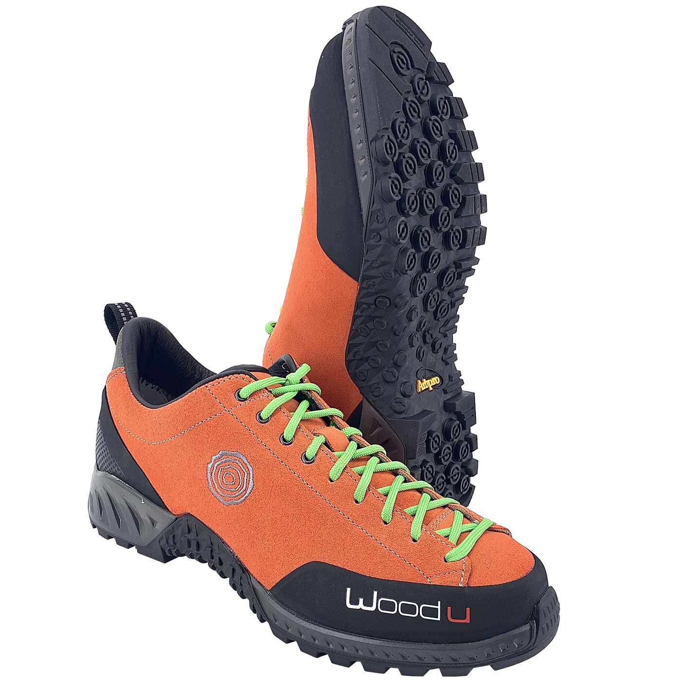 Woodu Leaf orange with green laces, left shoe shows profile sole with nubs, manufacturer Woodu