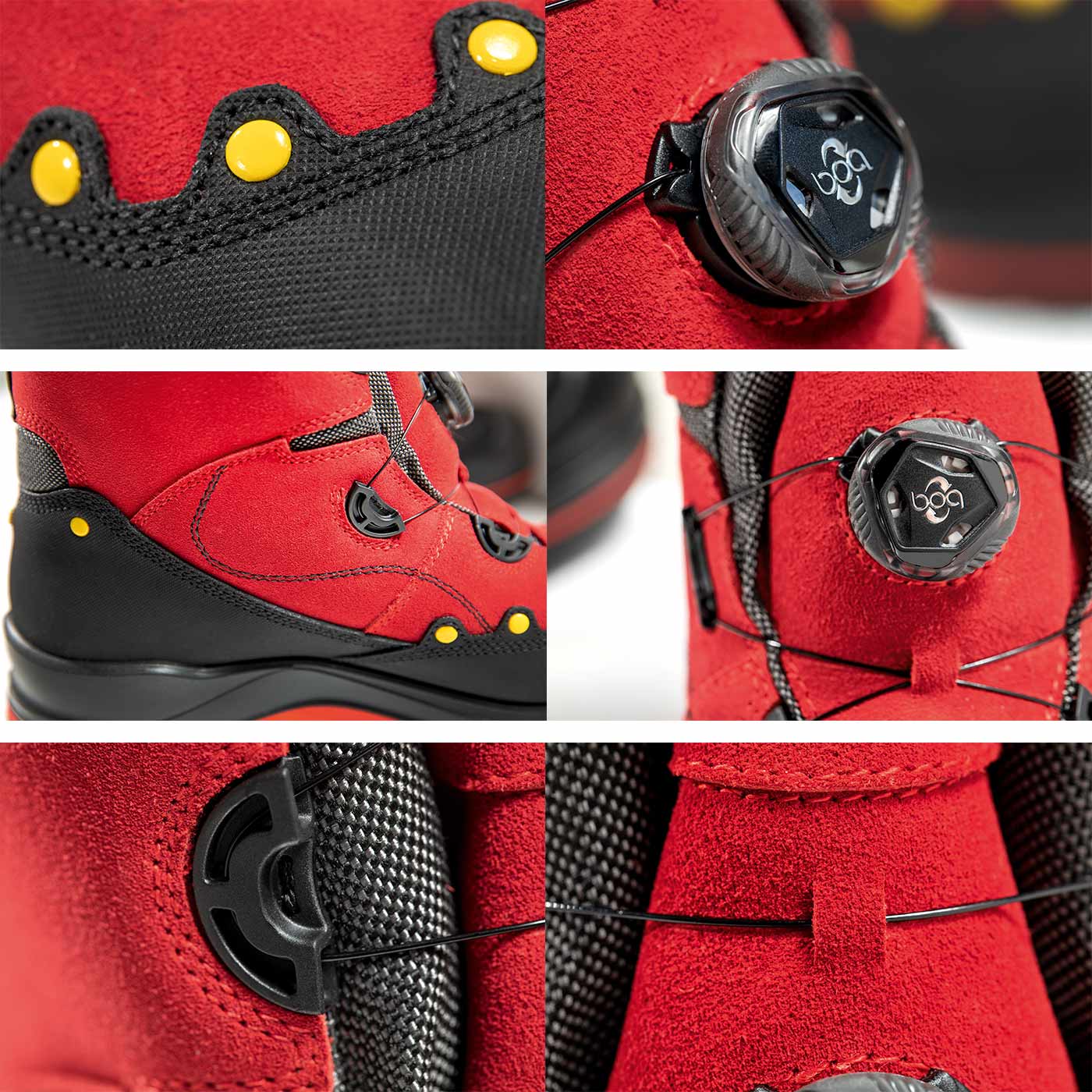 BOA® Cut Protection Shoe Detail views of red and black areas, yellow rivets, black twist locks with BOA logo and black lacing wires