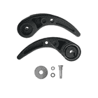 LOV release lever, two black curved plastic levers and four metal parts, including a washer, a nut, a small washer and a screw