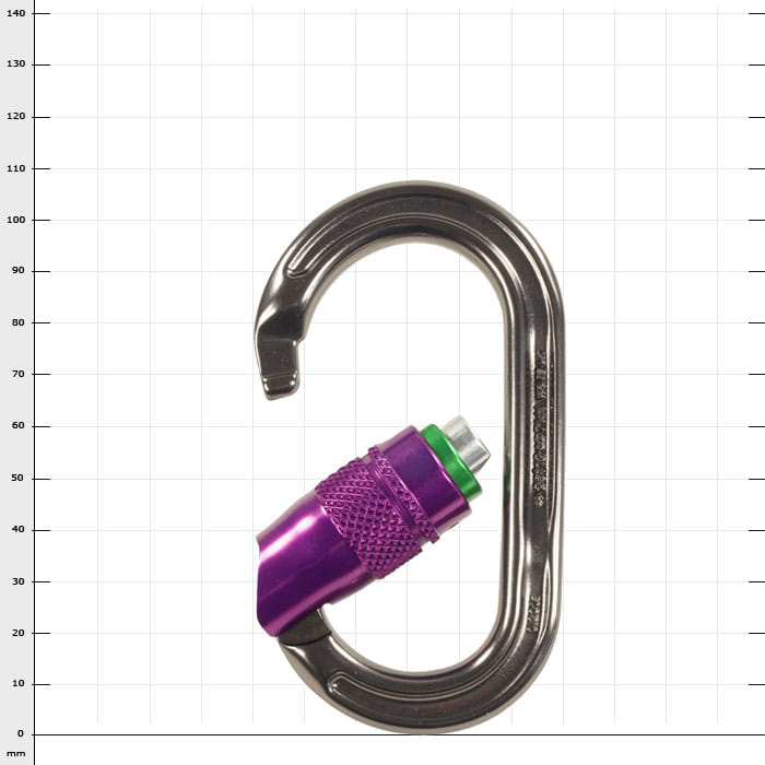 Ultra O Durolock carabiner with open clasp, silver-coloured with purple screw cap, manufacturer not visible