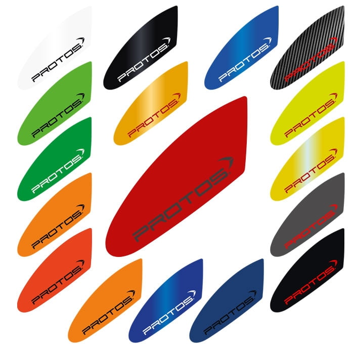 PROTOS® Special Colours stickers in different colours and shapes with the lettering "PROTOS"