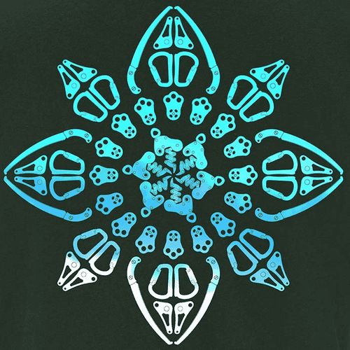 Close-up of blue symmetrical pattern on dark green fabric of Symmetree T-shirt