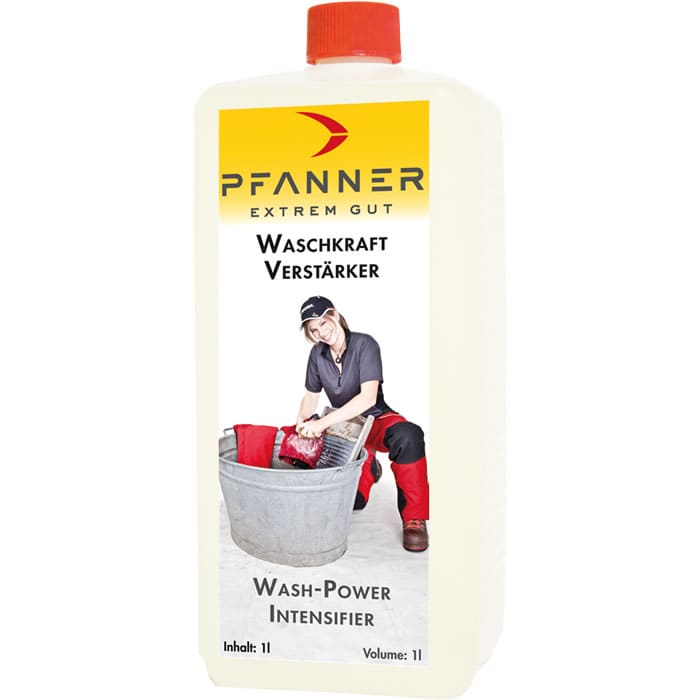 Bottle with red cap, label with yellow upper area and lettering "PFANNER EXTREM GUT WASCHKRAFT AMPLIFIER" as well as image of a woman washing laundry in a large metal washing basket, product name "Waschkraftverstärker" visible