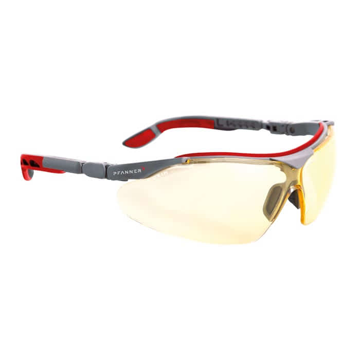Nexus safety glasses from Pfanner with yellow tinted lenses and red details on the temple