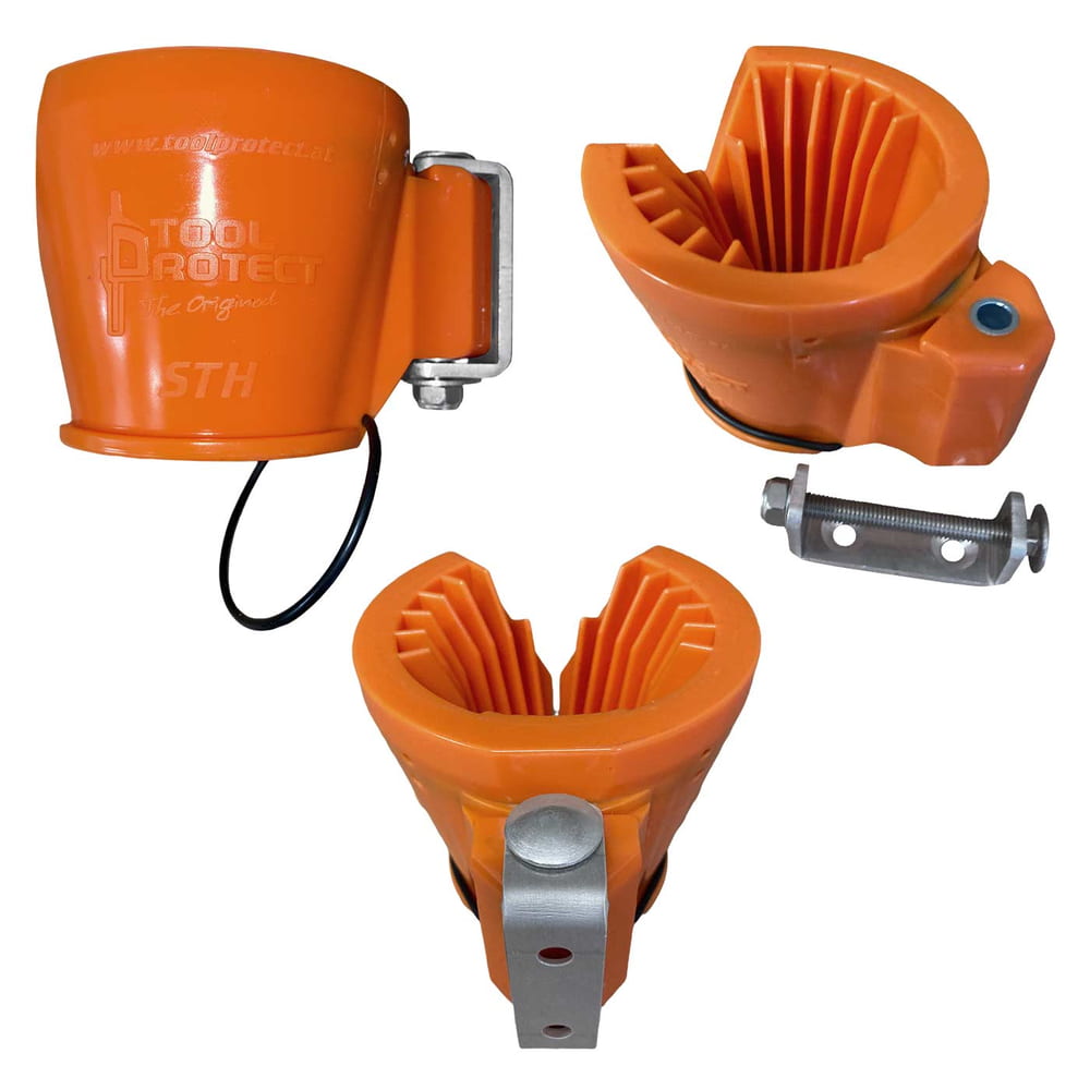 Screwdriver and rod holder in orange with metal clip and black rubber ring, three different views, manufacturer Tool Protect