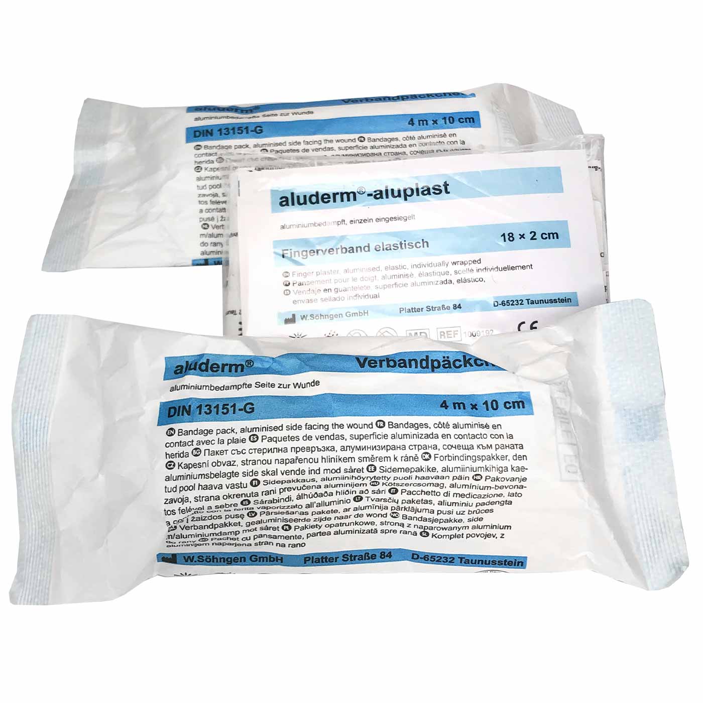 First Aid XS Filling Set with aluderm Bandage Pack 4 m x 10 cm and aluderm-aluplast Finger Bandage elastic 18 x 2 cm