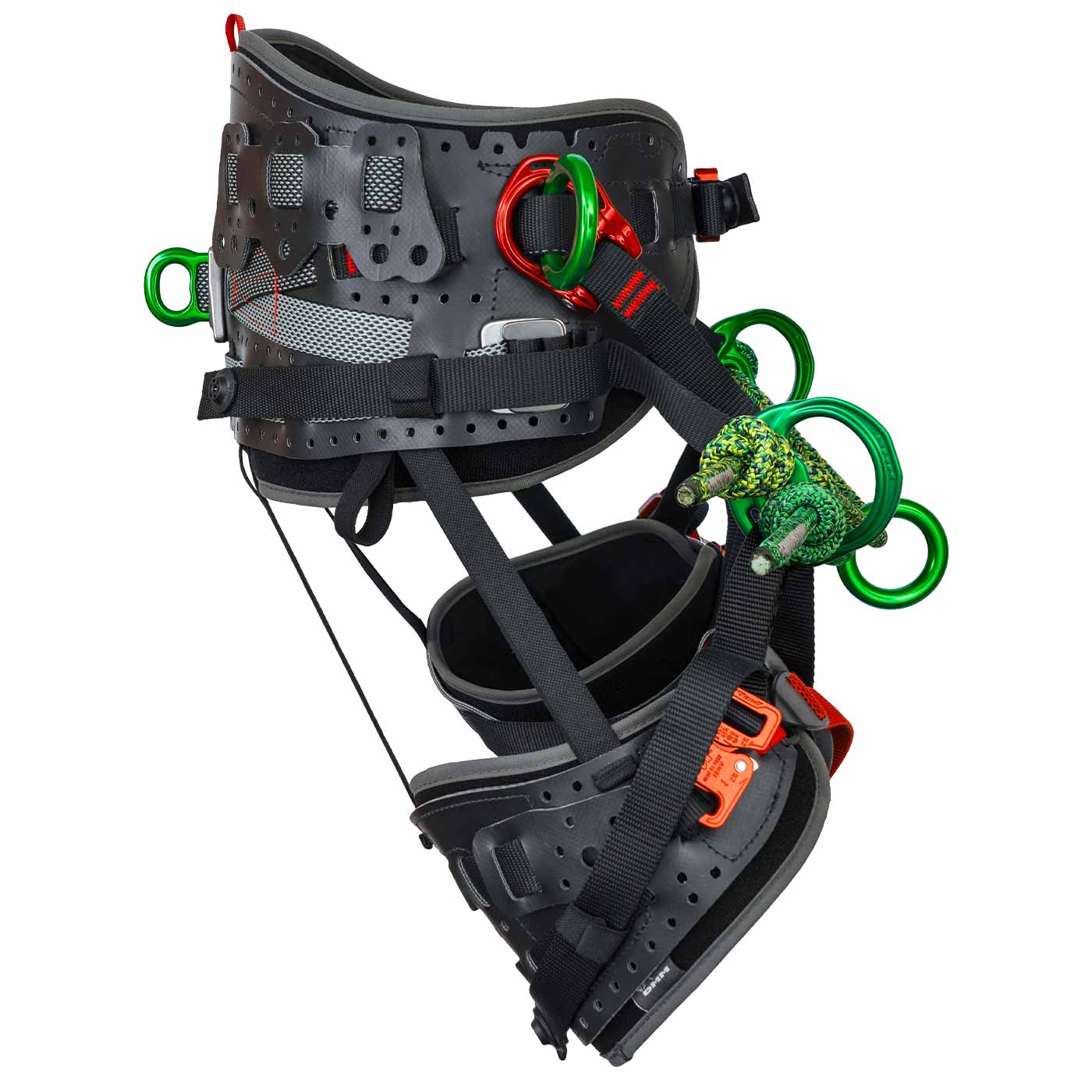 Kinisi Pro climbing harness with black padded waist belt, green metal rings and red buckles, left side view