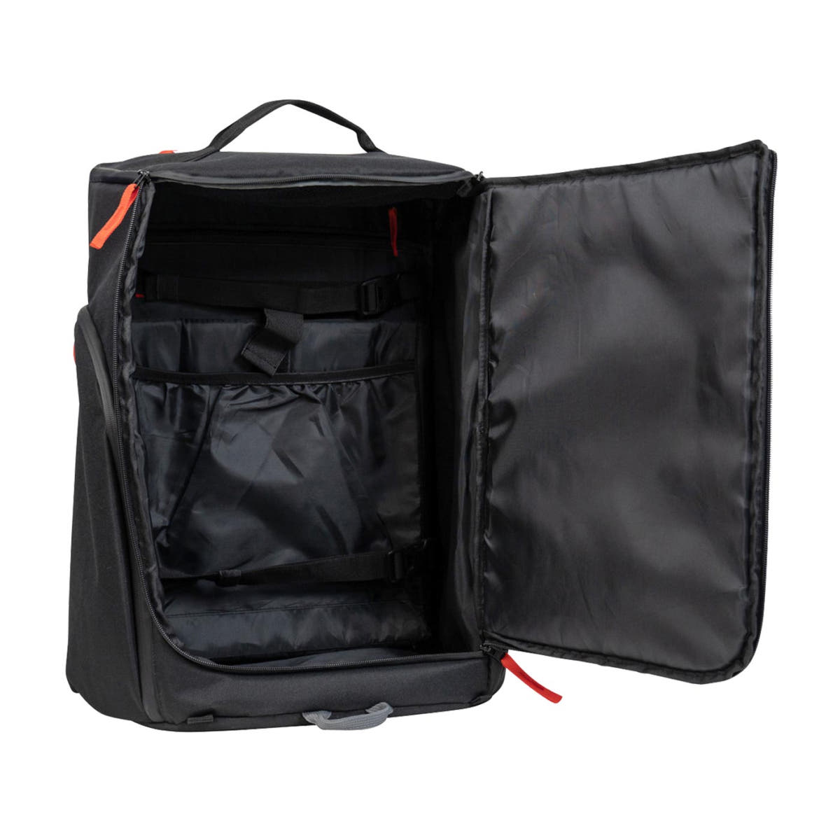 Open Black Backpack Baby Mule, manufacturer not visible, shows interior with black straps and smooth interior lining