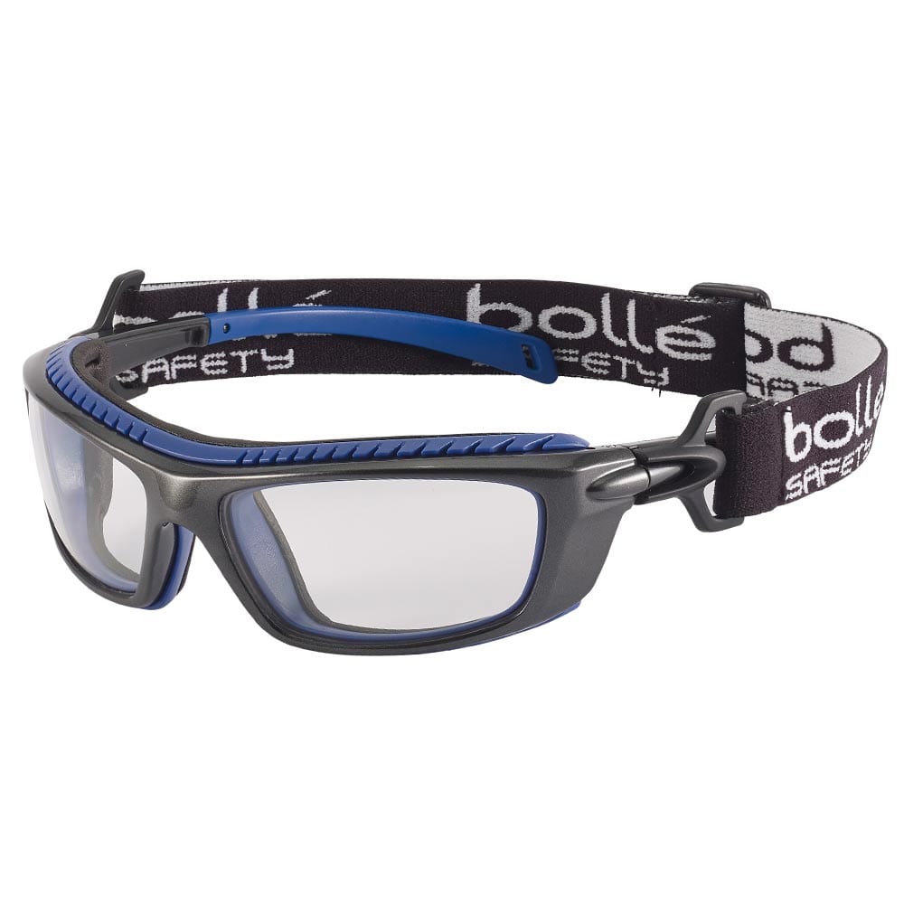 Bollé Baxter Safety Glasses with Clear Lens and Black, Blue Frame and Black Headband with White Lettering