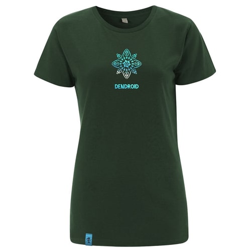 Symmetree T-shirt dark green with blue symmetrical pattern and "DENDROID" lettering on the front, freestanding