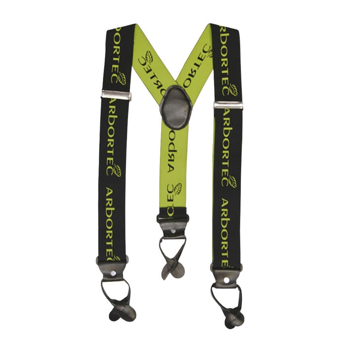 Arbortec suspenders in black and green with yellow lettering and metal clips
