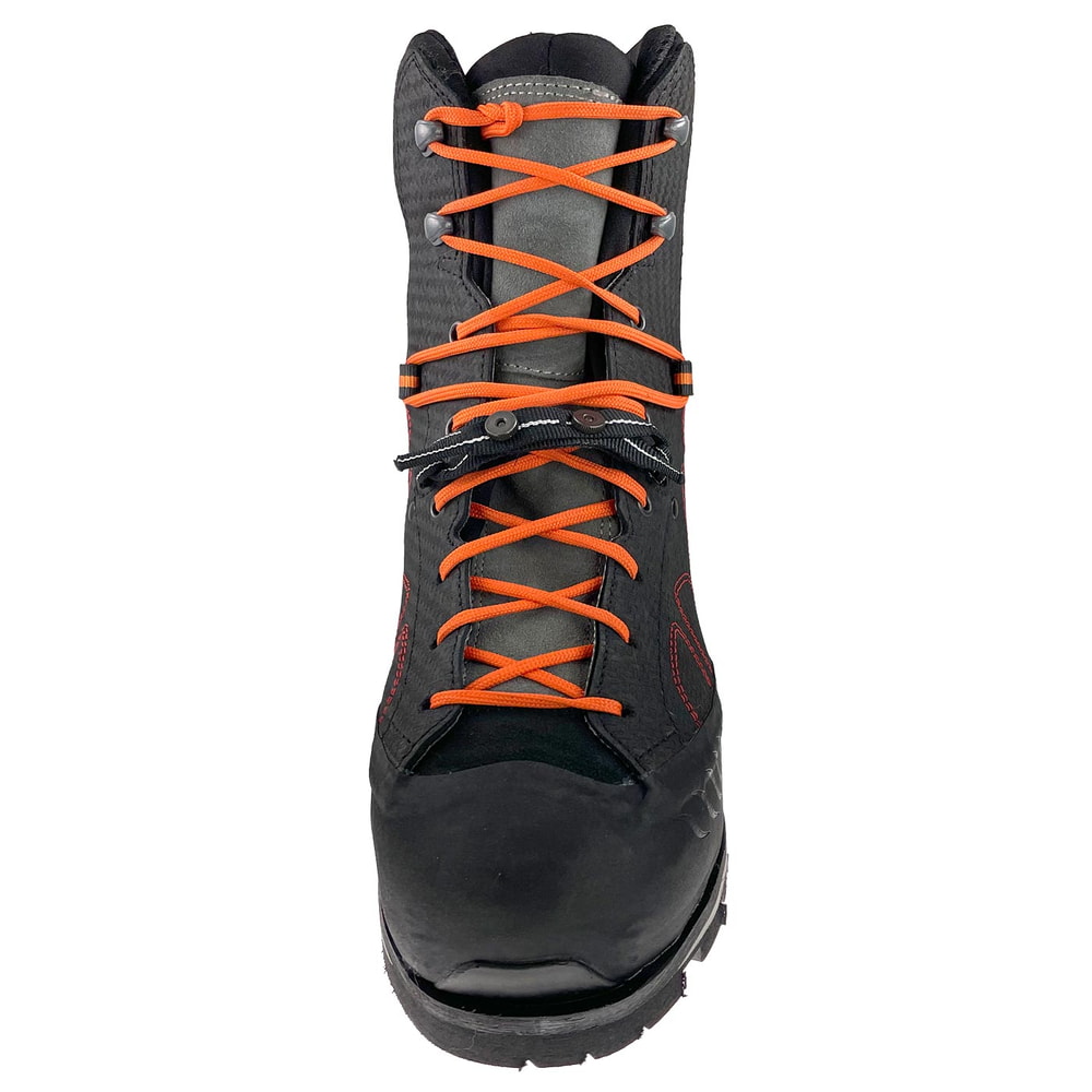 Evo Safety shoe in black with orange laces shown from the front, manufacturer's name not visible