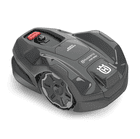 Grey Husqvarna 310E Nera Robot Lawn Mower with Large Wheels and Red Stop Button on the Top Left