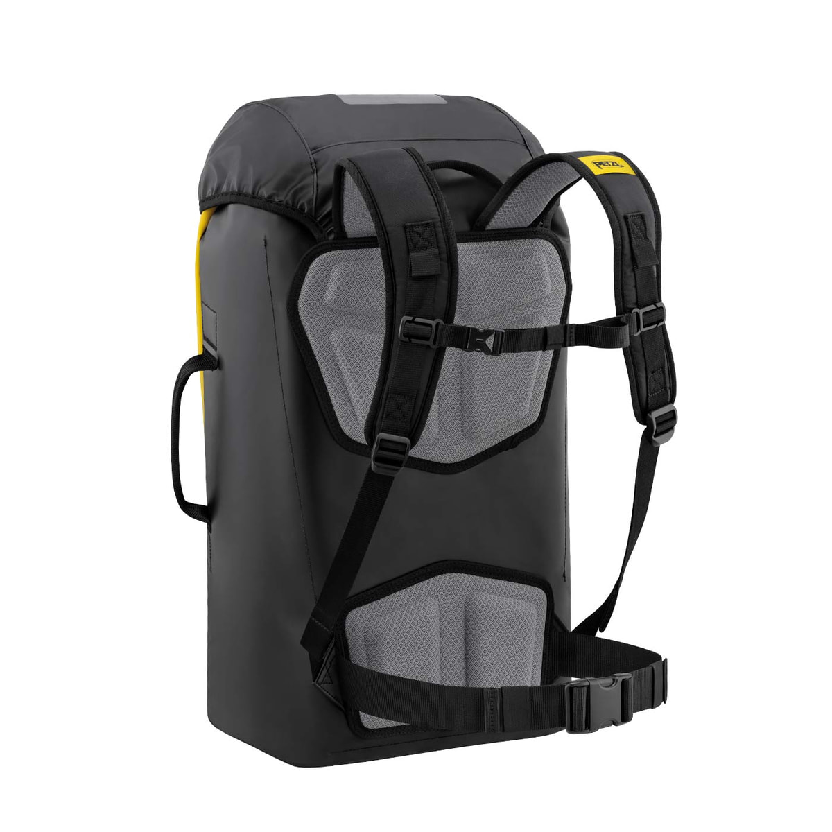 Back of the Petzl Transport 45 backpack in black with padded straps and hip belt