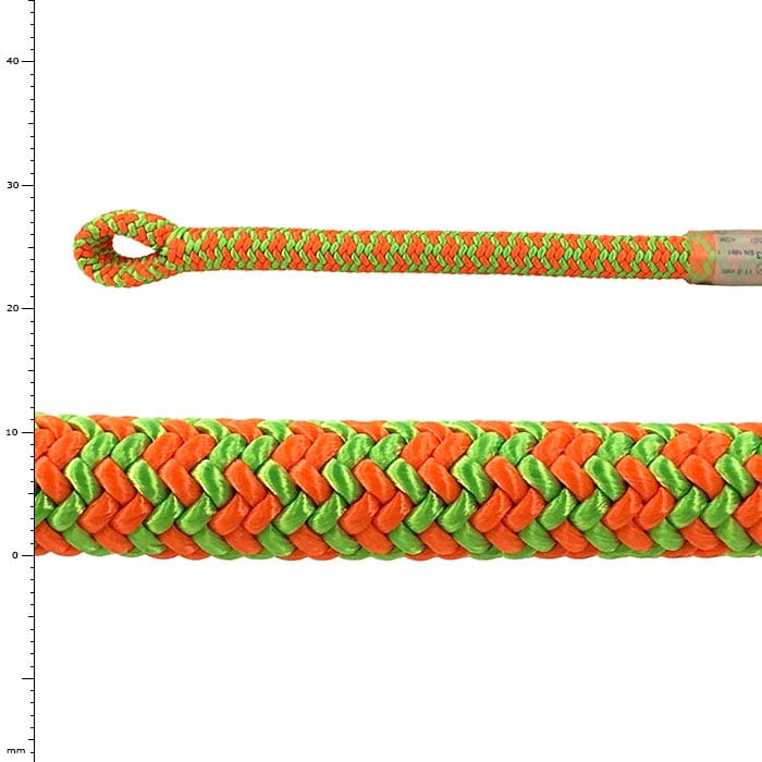 Atrax splice, whole orange-green braided rope with loop at one end and close-up of braiding