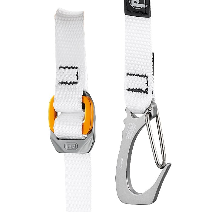 Close-up of the Knee Ascent Clip Petzl's Lower Band, showing the white band with an orange-gray clip and a silver metal snap hook with spring clasp.
