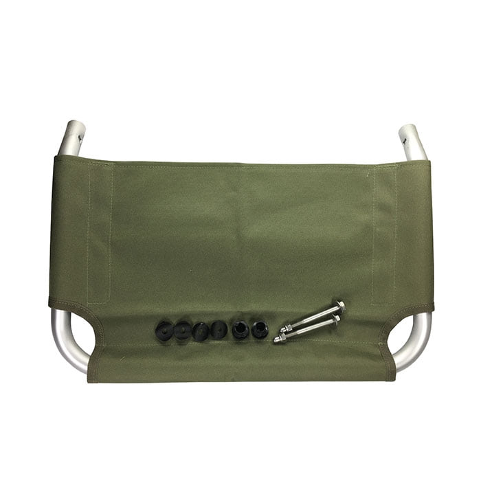 Beach Rolly Loading Bracket with green fabric and metal frame, plus screws and black plastic parts