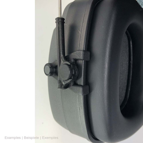 Adapter ECC / 3M headband adapter, black plastic adapter on a black earmuff with metal headband, side view