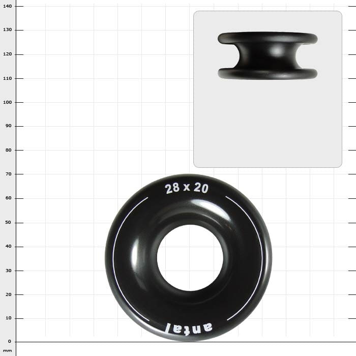 Black plastic ring measuring 28 x 20 with the inscription "antal" on a white background