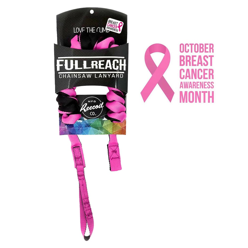 Full Reach Lanyard in pink and black, packed with black label with white lettering "FULL REACH CHAINSAW LANYARD" and pink ribbon symbol, next to text "OCTOBER BREAST CANCER AWARENESS MONTH"