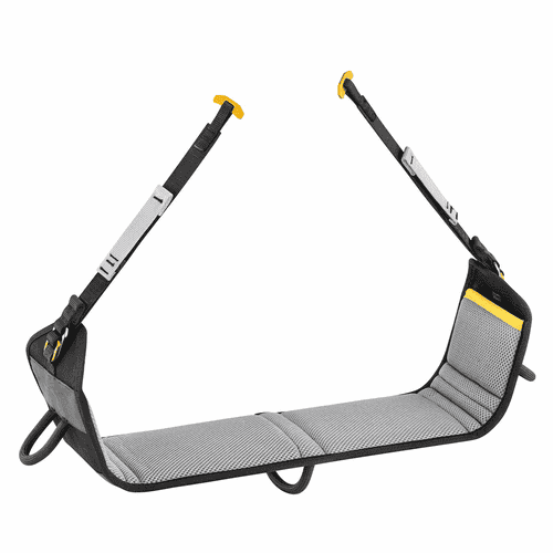 Podium by Petzl, a gray upholstered seat with black and yellow straps and buckles