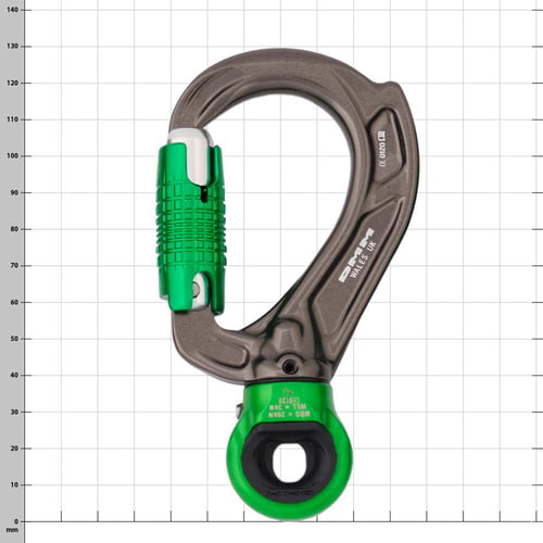 Director Swivel Eye Snap Hook with Green Clasp and Grey Metal Body That Says "DMM WALES UK"