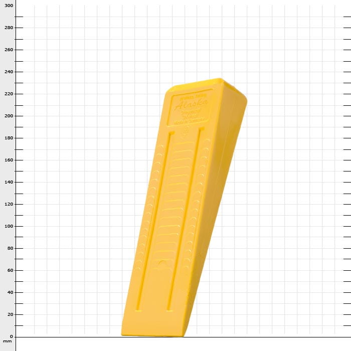 Yellow wedge with the inscription "Alaska" on the top, against a white background with a grid in millimeters.