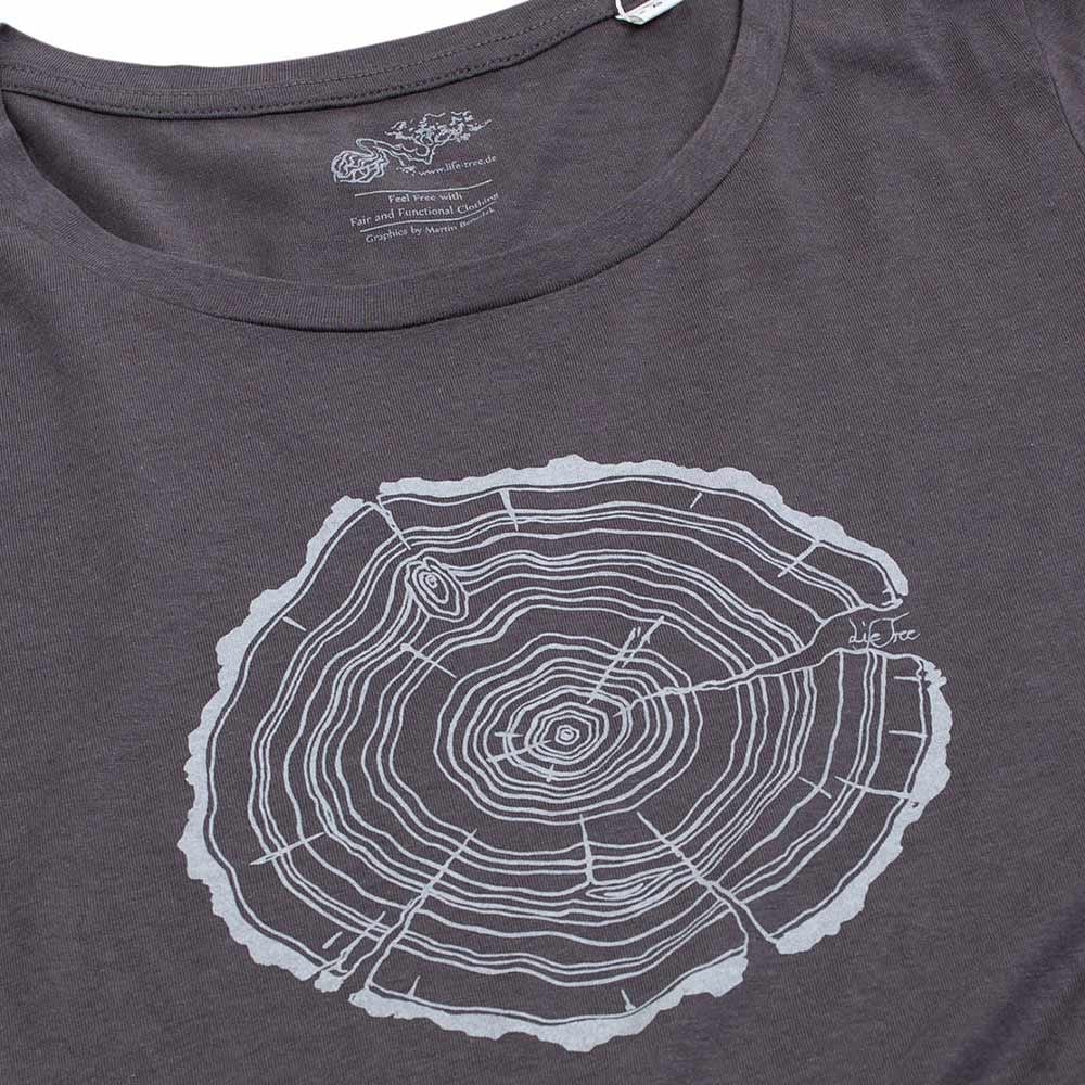 Close-up of a gray Treeslice Women T-shirt with white tree trunk cut design on the front and visible crew neck