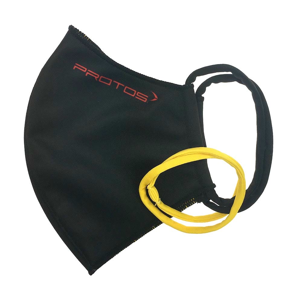 PFANNER® reversible mask black with red PROTOS logo, black elastic band and two additional yellow elastic bands