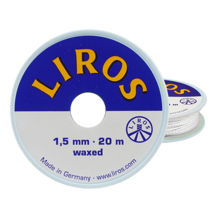 Rigging yarn Wax 1.5 by Liros, white waxed cord on a round spool with blue and white lettering, diameter 1.5 mm, length 20 m, Made in Germany