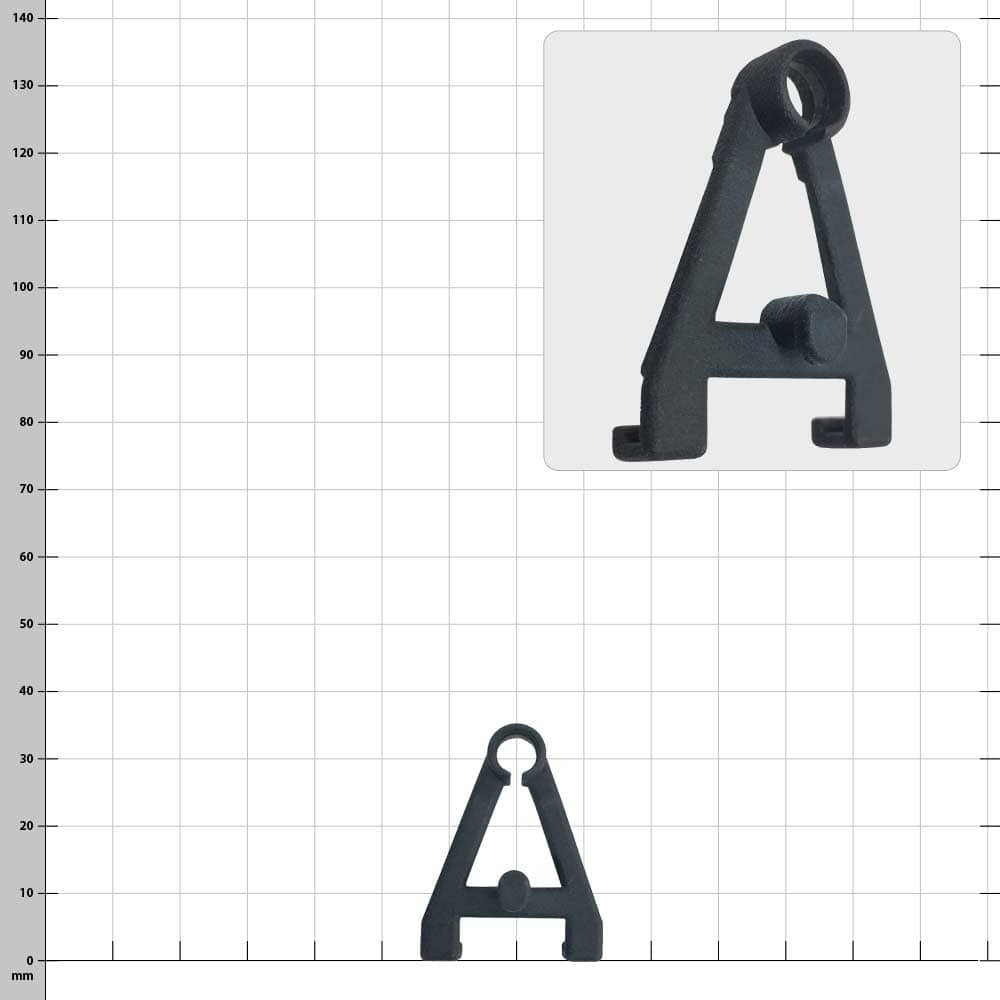 ECC / PROTOS® adapter made of black plastic, triangular shape with round hole at the top and two small hooks at the bottom