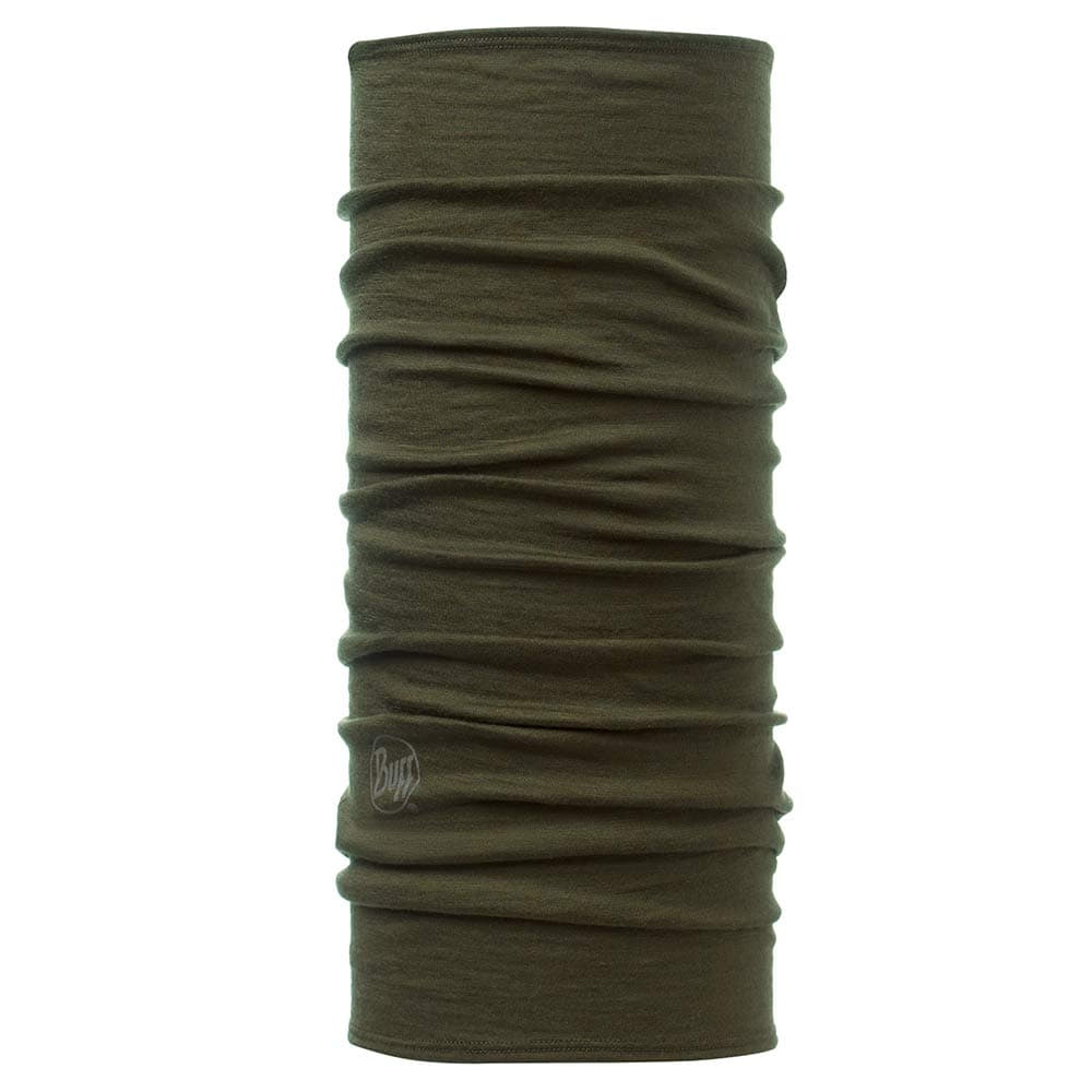 Olive green merino wool BUFF tube scarf with easily visible BUFF logo on the edge