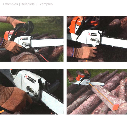 Kolibri Vario, four pictures with a chainsaw working on a tree trunk, the orange device is attached to the chainsaw and shows a measuring line on a wooden trunk