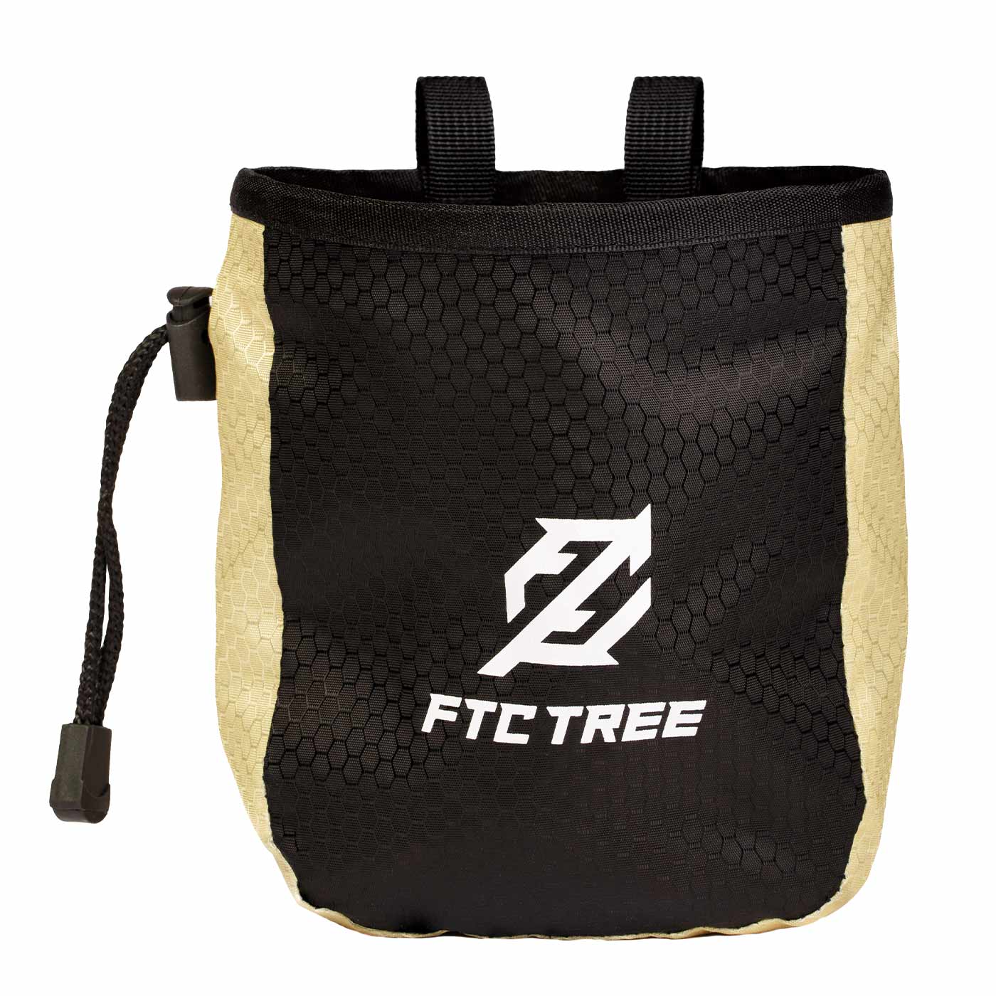 SRT Bag by FTC Tree in black with beige side stripe and white logo on the front, with two loops at the top and drawstring on the left