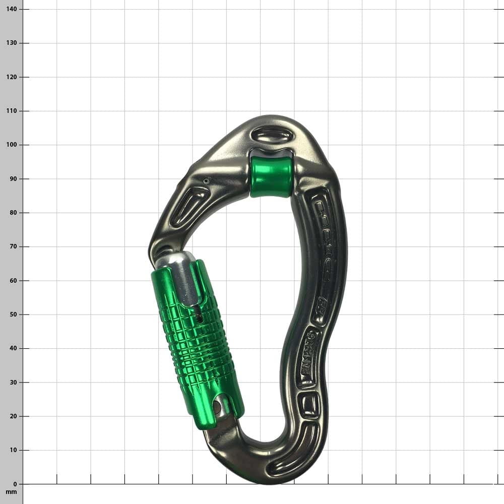 Revolver Safelock carabiner in silver and green color with screw closure and ribbed handle.