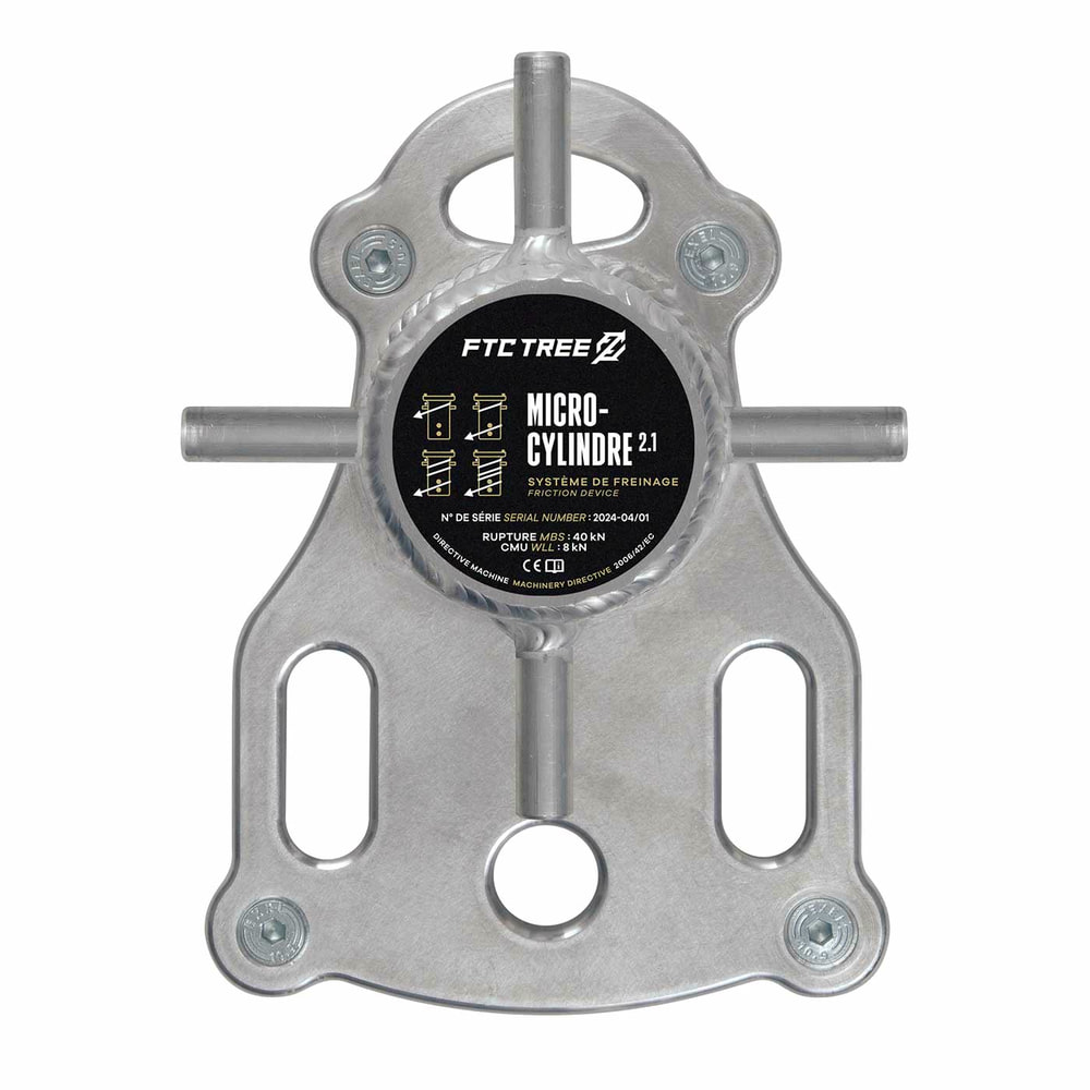 Micro Cylindre 2.1 by FTC TREE, silver metal device with four short rods, taken from the front with black sticker with text and symbols