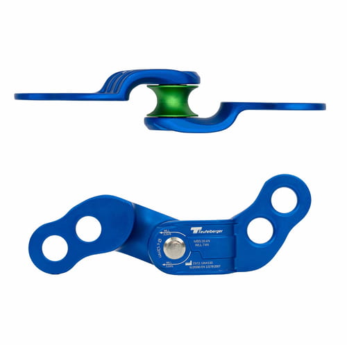 Two blue Teufelberger glideHITCH pulleys with green pulleys, one photographed from above and one from the side