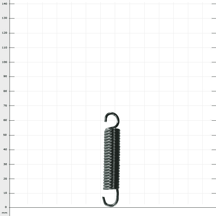 Helium blade spring, a silver, metallic tension spring with hooks at both ends on a white background