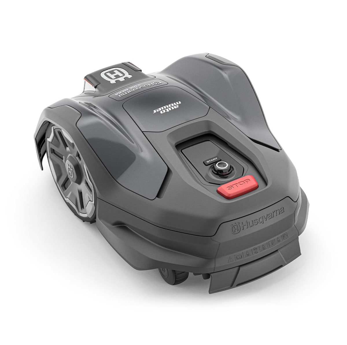 Grey Husqvarna 310E Nera Robot Lawn Mower from above with red stop button and Husqvarna lettering