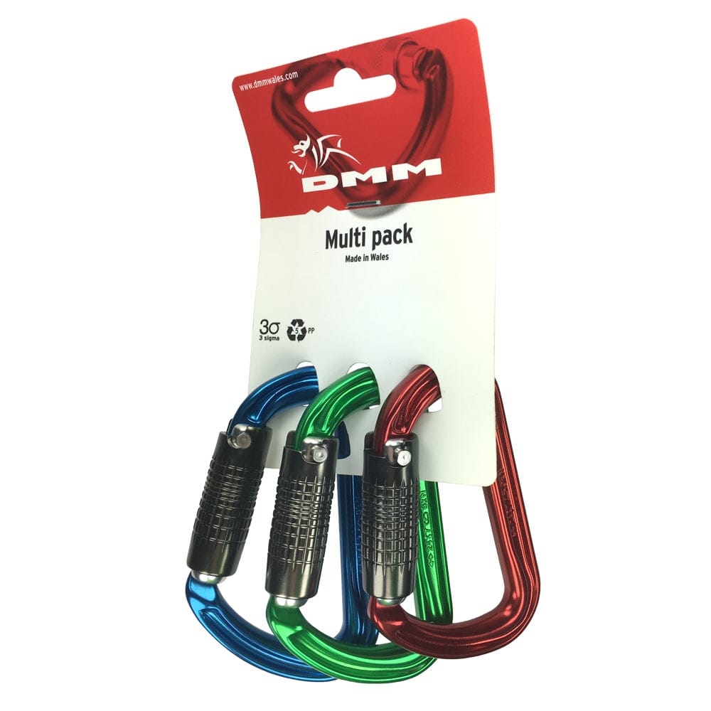 3 x Shadow Color climbing carabiners in red, blue and green in packaging with DMM logo and inscription "Multi pack"