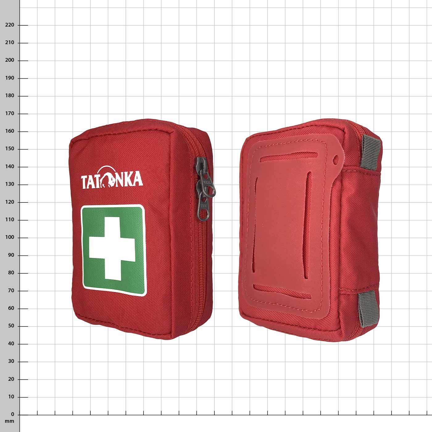Red Tatonka First Aid XS Set with White Cross on Green Background, Front and Back Visible